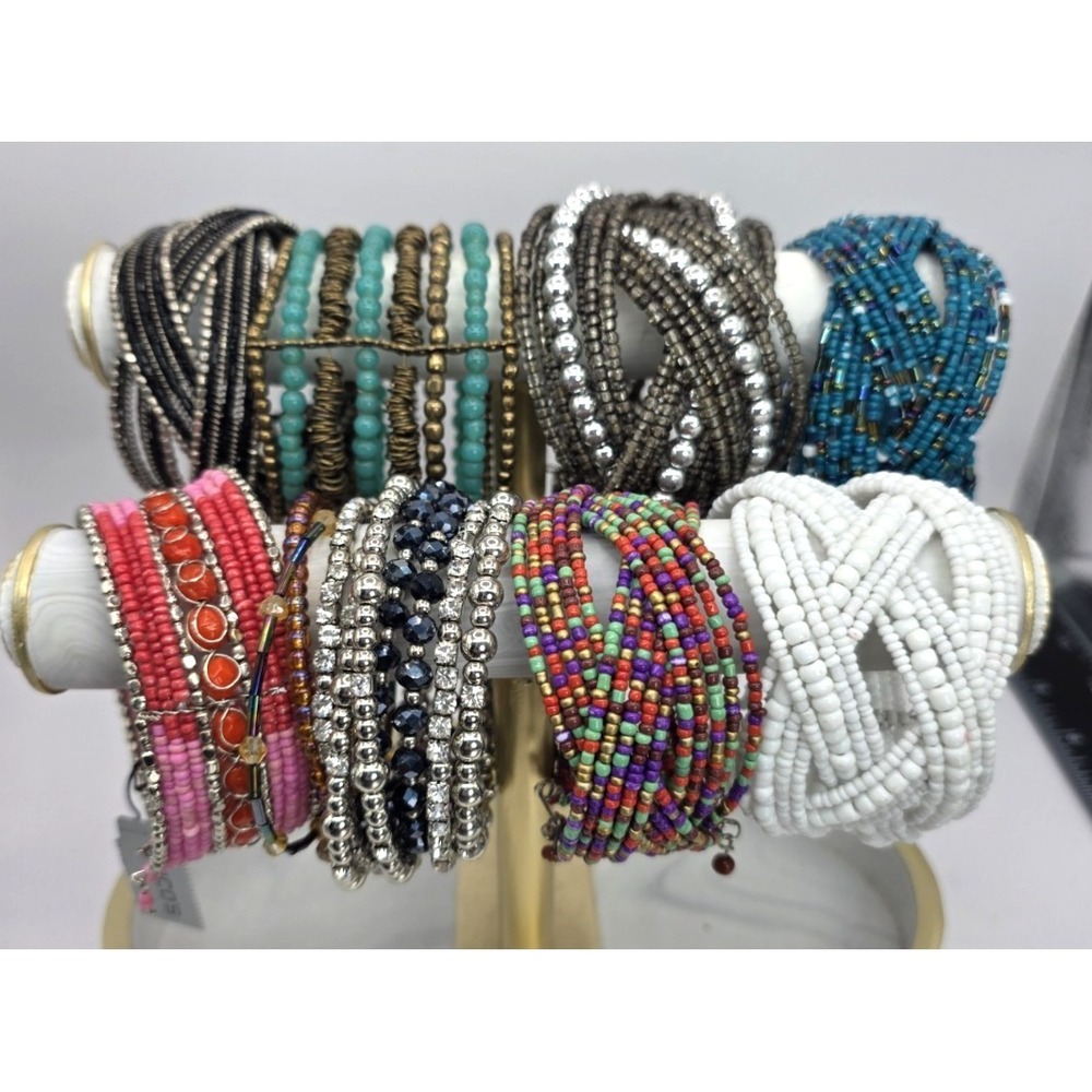 Lot of 10 Seed Bead Bracelets Cuffs Coil Layered Memory Wire Boho Coil Colored